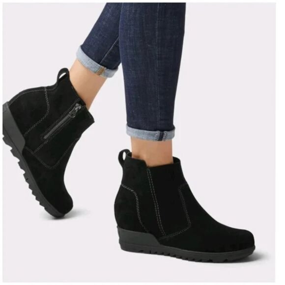 Sorel Women's Evie Suede Waterproof Wedge Bootie in Black - Picture 1 of 10